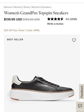Cole Haan GrandPro Topspin Sneaker in Black with White Heel
